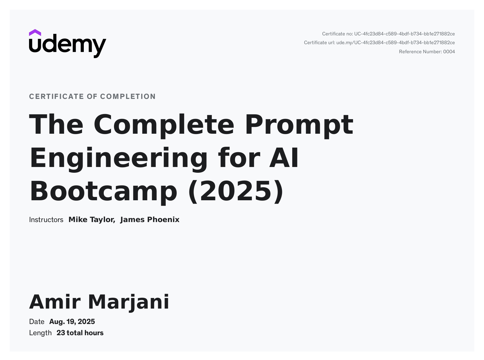 The Complete Prompt Engineering for AI Bootcamp (2025) certificate